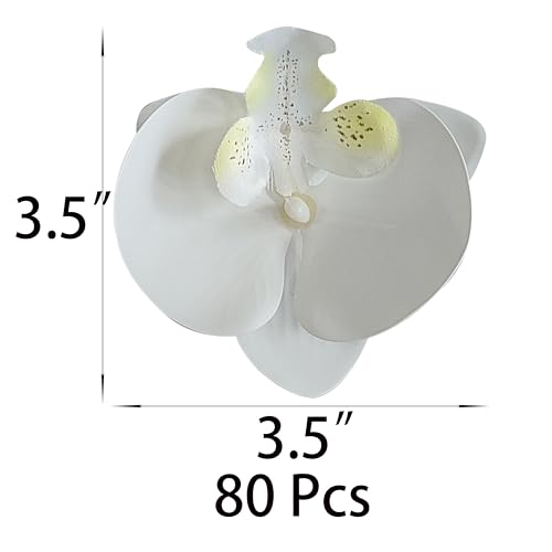 Fake White Orchids Artificial Flowers Heads, 3.5''Fake Orchid Heads for Wedding Floral Bouquet Decor DIY Craft Making Bridal Shower Photography Props (80, White) - color: White