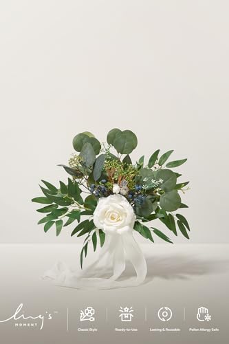 Ling's moment Artificial Flowers White Bridesmaid Bouquet, White and Sage Wedding Flowers Bouquets for Bridesmaids, 7 Inch Bridal Bouquets for Bridesmaids, Wedding, Ceremony, Anniversary, etc - color: Wht-white