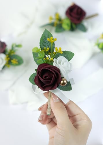 Set of 2 Burgundy Rose Boutonniere for MenWedding, Groom Groomsman Artificial Flowers for Wedding Anniversary Celebration,Prom,Party,Home Decoratio (Burgundy) - color: Burgundy