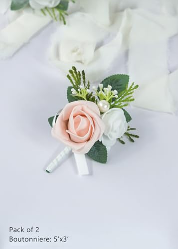 Set of 2 Pink Rose Boutonniere for MenWedding, Groom Groomsman Artificial Flowers for Wedding Anniversary Celebration,Prom,Party,Home Decoratio (Pink) - color: Pink