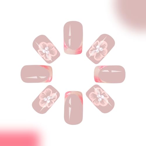 French Tip Press on Nails Square Short Fake Nails Full Cover Cherry Blossoms Nails with Pearl Design Cute Glue on Nails Nude Pink Artificial False Nails Flower Acrylic Nails for Women Girls 24Pcs