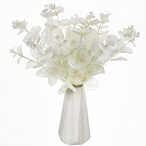 Tinsow 5 Pcs Artificial Eucalyptus Branches Real Touch Leaf Stem White Faux Eucalyptuses Wedding Bouquet Centerpiece Christmas Home Decor (White and Beige Mix, 5) - color: White