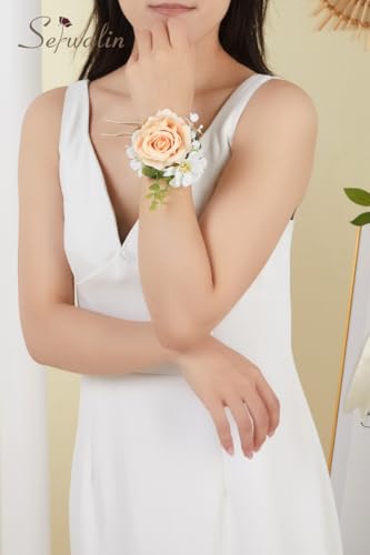 Serwalin 6 PCS Champagne Rose Wrist Corsages Wristlet for Wedding, Corsages for Prom Party Homecoming Corsage Hand Decor for Bride Bridesmaids, Mother of Bride and Groom - color: Champagne, size: Corsage 6pcs