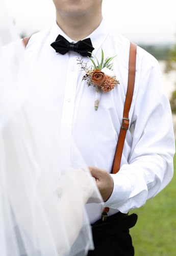 Ansofi Rustic Terracotta Corsage and Boutonniere Set Artificial Rose Flower Wrist Corsage and Boutineers for Groom Groomsmen Bride Bridesmaids Prom Rustic Vintage Wedding Decor - color: Rustic Terracotta