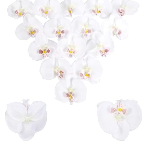 White Orchid Artificial Flowers Heads 15PCS Fake Orchid Heads Silk Flowers Bulk Real Touch Faux Orchids for Cake Bridal Shower Home Party Wedding Decoration (White) - color: White