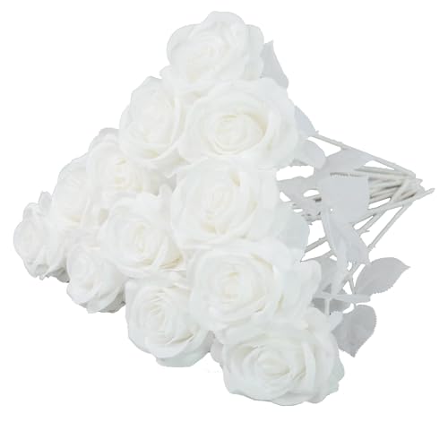 12pcs Rose Artificial Flowers, Fake Rose Silk Flower Bouquet, Faux Roses with Stems - 50cm, Roses Decor for Wedding & Home Decoration (Pure White) - color: Pure White