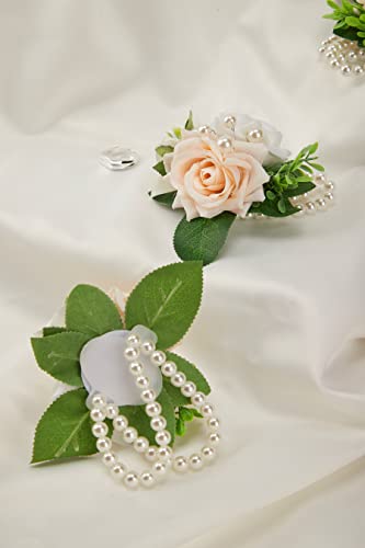 White & Champagne Silk Wrist Corsages Set 6Pcs for Women Wedding | Faux Artificial Flowers With Pearl Wrist, Ideal for Prom Party Homecoming Ceremony Anniversary - color: White&champagne Rose