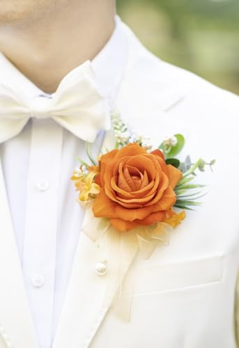 Orange Corsage and Boutonniere Set, Corsage Wristlet for Women and Boutonniere for Wedding Prom Homecoming, Artificial Rose Flowers Boutonniere and Wrist Corsage - color: Orange