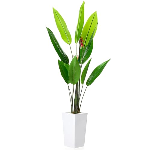 GAOMON 5.6 FT Artificial Bird of Paradise Tree with Artificial Flowers, Faux Artificial Plants for Indoor&Outdoor with 12 Leaves Fake Banana Leaf Plant Artificial Palm Tree with White Tall Planter