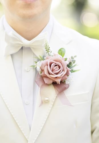 Dusty Rose Corsage and Boutonniere Set, Corsage Wristlet for Women and Boutonniere for Wedding Prom Homecoming, Artificial Rose Flowers Boutonniere and Wrist Corsage - color: Dusty Rose