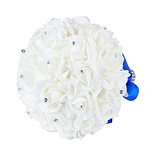 Wedding Bouquet, Handmade Blue Bridesmaid Bouquet Bridal Bouquet with Crystals Soft Ribbons, Artificial Rose Flowers for Wedding, Party and Church (Royal Blue) - color: Royal Blue