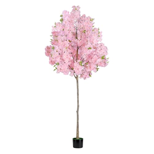 6FT Pink Artificial Cherry Blossom Tree, Realistic Potted Faux Cherry Tree, Silk Flower Fake Tree, Artificial Plants for Home Office Wedding Party Indoor Outdoor Front Door Decoration - size: 6FT