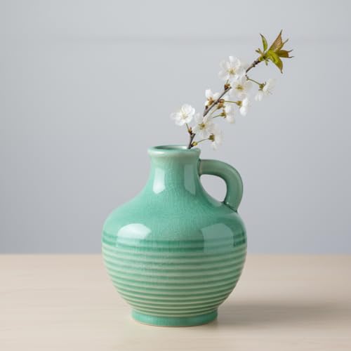 Sunddo Green Ceramic Vase 6 Inch - Small Decorative Vases with 1 Handle, Textured Modern Vase for Home Decor, Bathroom, Bedroom, Living Room, Centerpiece, Table Decor - color: Mint Green - 6, size: 6 Inch