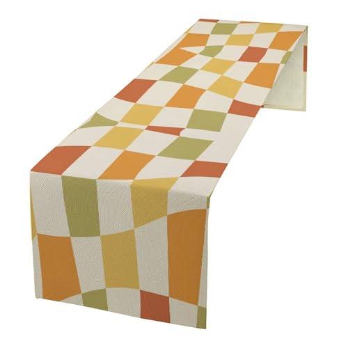 Retro Groovy Hippie Table Runner Vintage Twisted Geometric 1960s Sage Green Trendy Wavy Checkered Dinner Runner for Country Farmhouse Kitchen Birthday Party Holiday 36X13inch - color: Checkered-11, size: L36"x W13"
