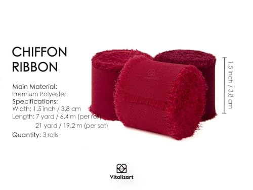 Vitalizart Red Handmade Chiffon Silk Ribbon Fringe 1.5" x 21 Yd Burgundy Frayed Edges Ribbons for Wedding Invitations Bridal Bouquets Gifts Wrapping Crafts Holiday Party Decorations - color: Burgundy & Red