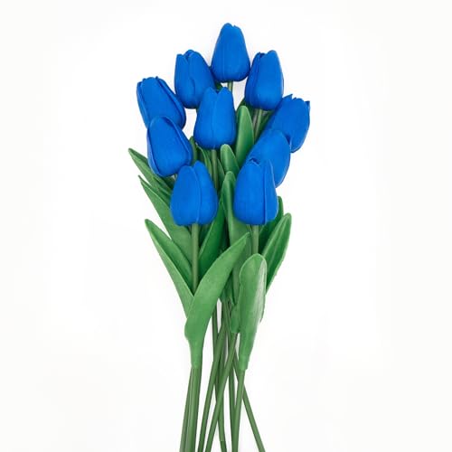 Blue Flowers Fake Tulips Artificial Flowers, 13 Inch Real Touch PU Flowers for Decoration, 10 Pcs Tulip Flowers Bouquet for Vase, Mother's Day Easter Valentines Gifts - color: Blue