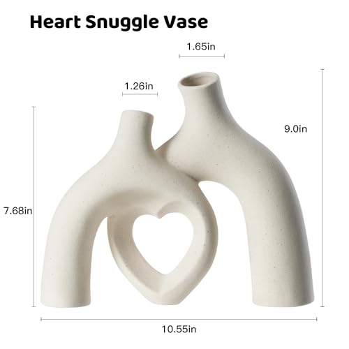 Liotww Snuggle Hollow Hug Donut Ceramic Vase, 8.3 Inch Modern Nordic Boho Style Aesthetic Decorative Flower Vases for Home Decor Pottery Barn Dining Living Room Table Shelf (Milky White) - color: Heart - Beige