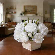 Artificial Hydrangea Flowers Arrangement in Wood Planter, 4PCS Fake Flowers in Wooden Vase Potted Floral Centerpieces for Tables Living Room Home Office Kitchen Decor (White Peony) - color: White Peony