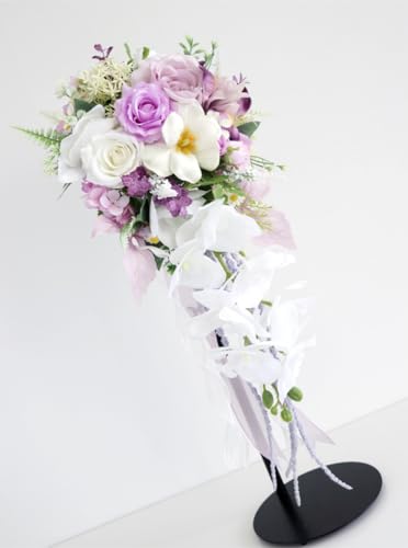 11 Inch Cascading Bridal Bouquet Waterfall Cascade Wedding Bouquet Bride with Artificial Silk Rose Flower Rustic Boho Wedding Ceremony Bouquet Lavender White - color: Lavender & White
