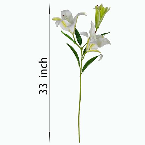 Artificial Lily Flowers,4 Pcs Faux Lily Flowers,32.5 Inch Long Stem Tiger Lily Branch with 2 Full Blooms and 1 Bud, Latex Real Touch Lilium Flower for Wedding Bouquet (4, White) - color: White