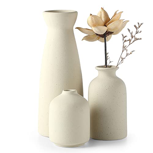 CEMABT Beige Ceramic vase Set-3 Small Flower vases for Decor,Modern Boho Farmhouse Home Decor,Decorative vase for Pampas Grass&Dried Flowers,idea Shelf,Table,Bookshelf ，Entryway- Distressed - color: 3set-beige