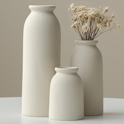 Ceramic Vase Set-3, Small Flower Vases for Decor, Modern Boho Farmhouse Style, Decorative Vases for Pampas Grass & Dried Flowers, Distressed Finish (Beige) - color: Beige