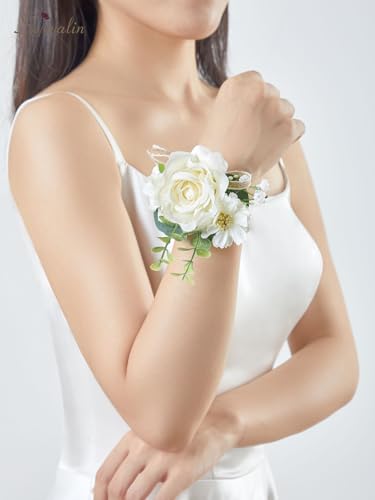 Serwalin Ivory Corsage and Boutonniere Set, Prom Flower Wrist Corsage, Roses Corsage Wristlet and Men’s Boutonniere for Wedding Flowers Accessories Prom Homecoming Suit Decorations - color: Ivory, size: 1 Boutonniere & 1 Wrist Corsage - 2pcs