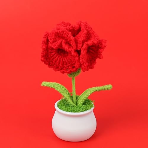 Crochet Carnation Flowers, 2pcs Crochet Flowers Knitted Artificial Flower Handwoven Carnation Flower for Mother's Day Teacher Appreciation Gifts Wedding Decor Birthday (Dark Red) - color: Carnation-dark Red