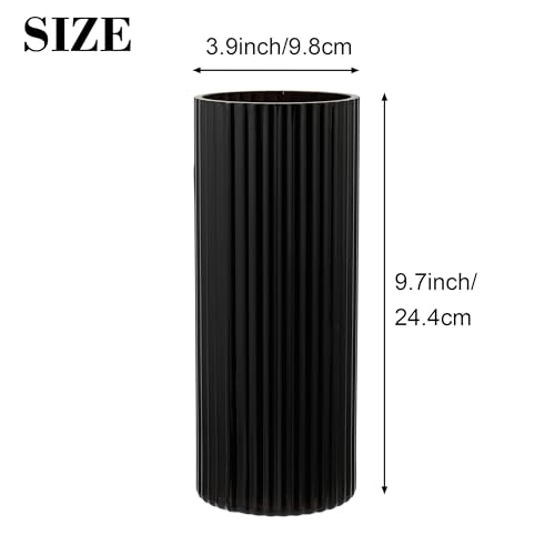 Black Glass Vase for Flowers, Ribbed Glass Vase for Tulips, Black Modern Vases, Tall Cylinder Glass Vases for Living Room, Bedroom, Dining Table, Office, Wedding, Bookshelf, 10 Inches - color: Black, size: 10''