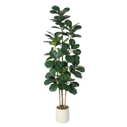 GarveeHome 7FT Artificial Fiddle Leaf Fig Tree – Potted in Decorative White Planter, Natural Large Fake Plant for Home Décor, Indoor House Plant for Living Room, Bedroom, Office - color: Green 7ft