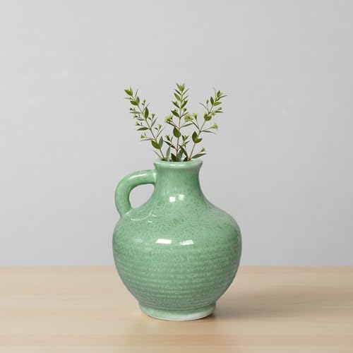 Sunddo Green Ceramic Vase for Centerpieces - 6 Inch Modern Decorative Vase with Handle, Small Pitcher Vases for Home Decor, Living Room Kitchen Bedroom Entryway Mantel Shelf Decor - color: Green - 6, size: 6 Inch