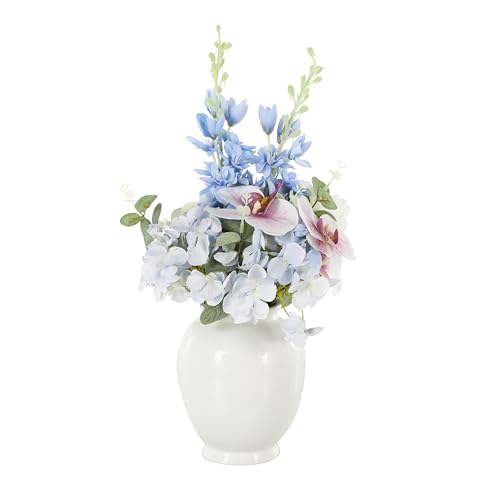 Deco 79 Fabric Artificial Flower with Green Leaves and Round Ceramic Vase, 10" x 10" x 18", White - color: White, size: 10" x 10" x 18"