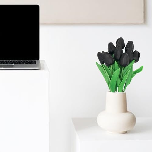 10 Pcs Faux Tulips Artificial Flowers with Stems, 13 Inch Artificial Tulips Flower Realistic for Wedding Bouquet, Table Centerpiece, Birthday Party (Black) - color: Black