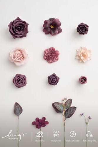 Ling's moment Fake Flowers Box, Faux Artificial Greenery Stems Foam Roses Gardenias Silk Hydrangea Ranunculus Fabic Flower for Centerpieces Bouquet Wedding Vase, Plum & Plum Lily, Deluxe Combo - color: Plum & Plum Lily