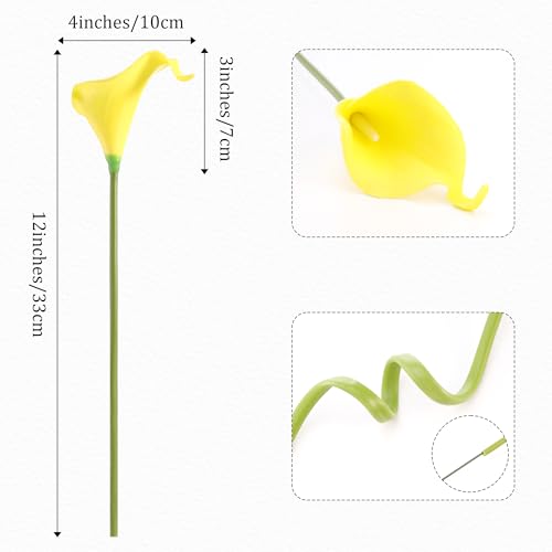 Artificial Calla Lily 12Pcs Yellow Real Touch Faux Flowers for Wedding Bouquet, Bride Bridal Shower, Spring Home Kitchen Table Decor, Fake Lilies for Centerpieces, Party Decorations - color: Yellow