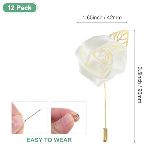 M METERXITY 12-Pack Flower Lapel Pins for Men, Golden Leaf Rose Boutonnieres Pin for Wedding/Dance/Party, Mens Lapel Pins for Suits Satin Flower Corsage Hat Pins [Cream White] - color: Cream White