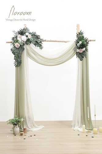 Floroom Arch Flowers with Drapes Kit (Pack of 4) - 2pcs Artificial Emerald & Sage Green Floral Swag Arrangement with 2pcs Draping Fabric for Wedding Ceremony Arbor and Reception Backdrop Decoration - color: Emerald & Sage Green