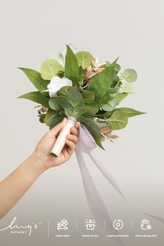 Ling's moment Artificial Bridesmaid Bouquets Set of 6 Purple Wedding Flower Bouquets White Rose Floral Bouquet Lilac Bridal Bouquets with Ribbon Ceremony,Anniversary,7-inch Diameter - color: Pr-lilac & Cream