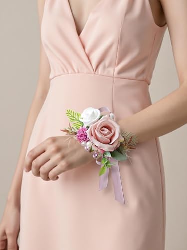 Corsage and Boutonniere Set with Pink Roses for Bride, Groom, Bridesmaids Groomsmen Weddings, Proms, Homecomings. Perfect Party Suit Decor Wedding Flowers Accessories (Pink) - color: Pink