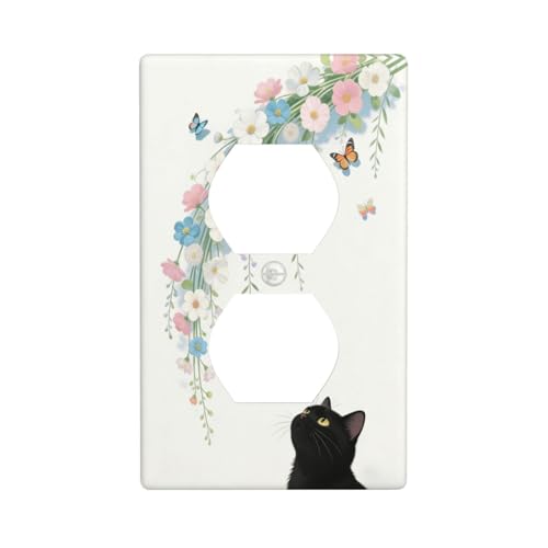 Decorative Art Light Switch Covers Black Cat Hanging Blooms 1 Gang Single Duplex Outlet Wall Plate Switchplate Electrical Faceplate for Home Decor - color: Black Cat Hanging Blooms, size: 1-Gang Duplex Outlet / 5 x 3 IN