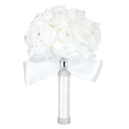 Wedding Bouquet Crystal Roses Bridesmaid Bouquet, Bridal Bouquet Artificial Flowers for Wedding, Party and Church (Ivory Ribbon) - color: Ivory-
