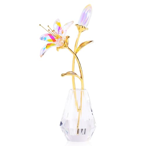 YWHL Colorful Lily Flower Gifts for Women, Handmade Crystal Lily Flower Figurine Collectible with Vase, Home Wedding Party Decor(Colorful Lily) - color: Colorful