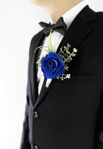 Ansofi Royal Blue Corsage and Boutonniere Set Artificial Rose Flower Wrist Corsage and Boutineers for Groom Groomsmen Bride Bridesmaids Prom Rustic Vintage Wedding Decor - color: Royal Blue