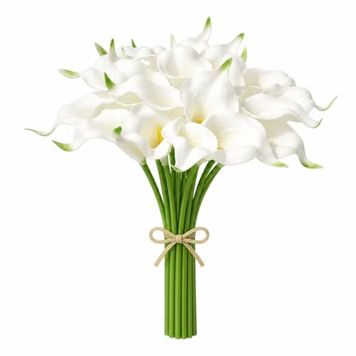 Mandy's 20pcs White Calla Lily Artificial Flowers | 13.5 Inch PU Realistic Bouquet for Vase Elegant Home Decor Centerpiece Wedding Bridal Bouquet Table Decoration - color: White