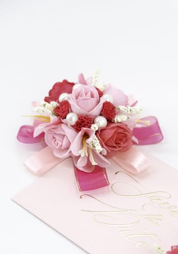 Hot Pink Rose Corsage and Boutonniere Set, Prom Flower Wrist Corsage Wristlet Band Bracelet, Boutonniere for Men Wedding Flowers Accessories Prom Suit Decorations - color: Hot Pink