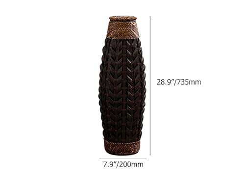 28.9''H Rustic Tall Woven Bamboo & Rattan Floor Vase – Decorative Standing Accent Vase for Dried or Silk Flowers, Farmhouse & Boho Home Decor for Living Room or Entryway (Black & Brown, Large)