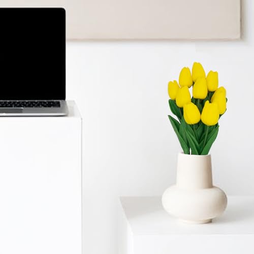 Yellow Flowers Fake Tulips Artificial Flowers, 13 Inch Real Touch PU Flowers for Decoration, 10 Pcs Tulip Flowers Bouquet for Vase, Mother's Day Easter Valentines Gifts - color: Yellow