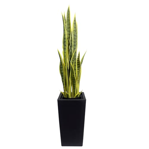 4FT- Artificial Snake Plant, 24 PVC Lifelike Leaves, 35in Faux Sansevieria for Indoor Home & Garden Decor, Tall Planter Potted Mother-in-Law's Tongue Plants, Yellow - color: Black Tall Planter Snake Plant-1pc