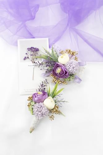 Ansofi Lilac Purple Corsage and Boutonniere Set Artificial Rose Flower Wrist Corsage and Boutineers for Groom Groomsmen Bride Bridesmaids Prom Rustic Vintage Wedding Decor - color: Lilac Purple