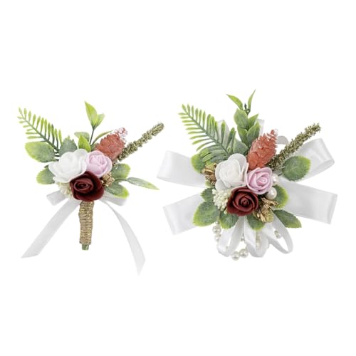 Burgundy White Corsage and Boutonniere Set Wrist Corsage Wristlet for Prom Groom Flower Boutonniere for Men Wedding Party Homecoming Accessories Suit - color: Burgundy White